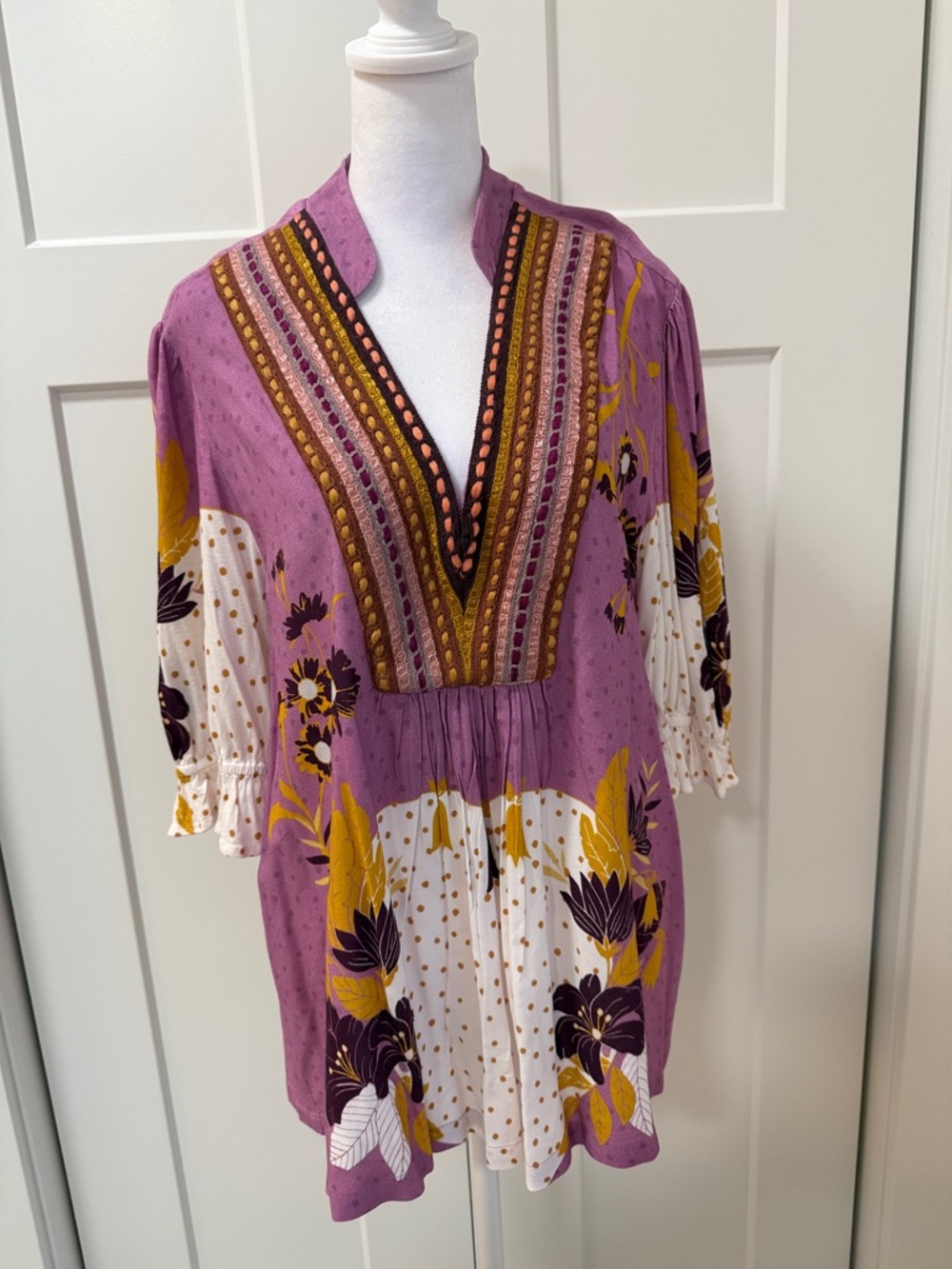 Boho Floral V-Neck Tunic Top - Lavender / Mustard